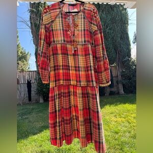 Plaid floral embroidery tiered midi dress